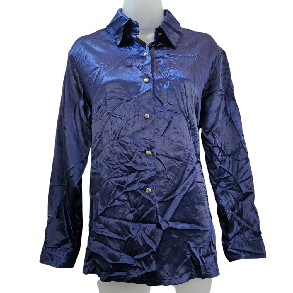 VTG Ali Miles Front Button Top Women PM Blue Crinkle Satin Long Sleeve Office